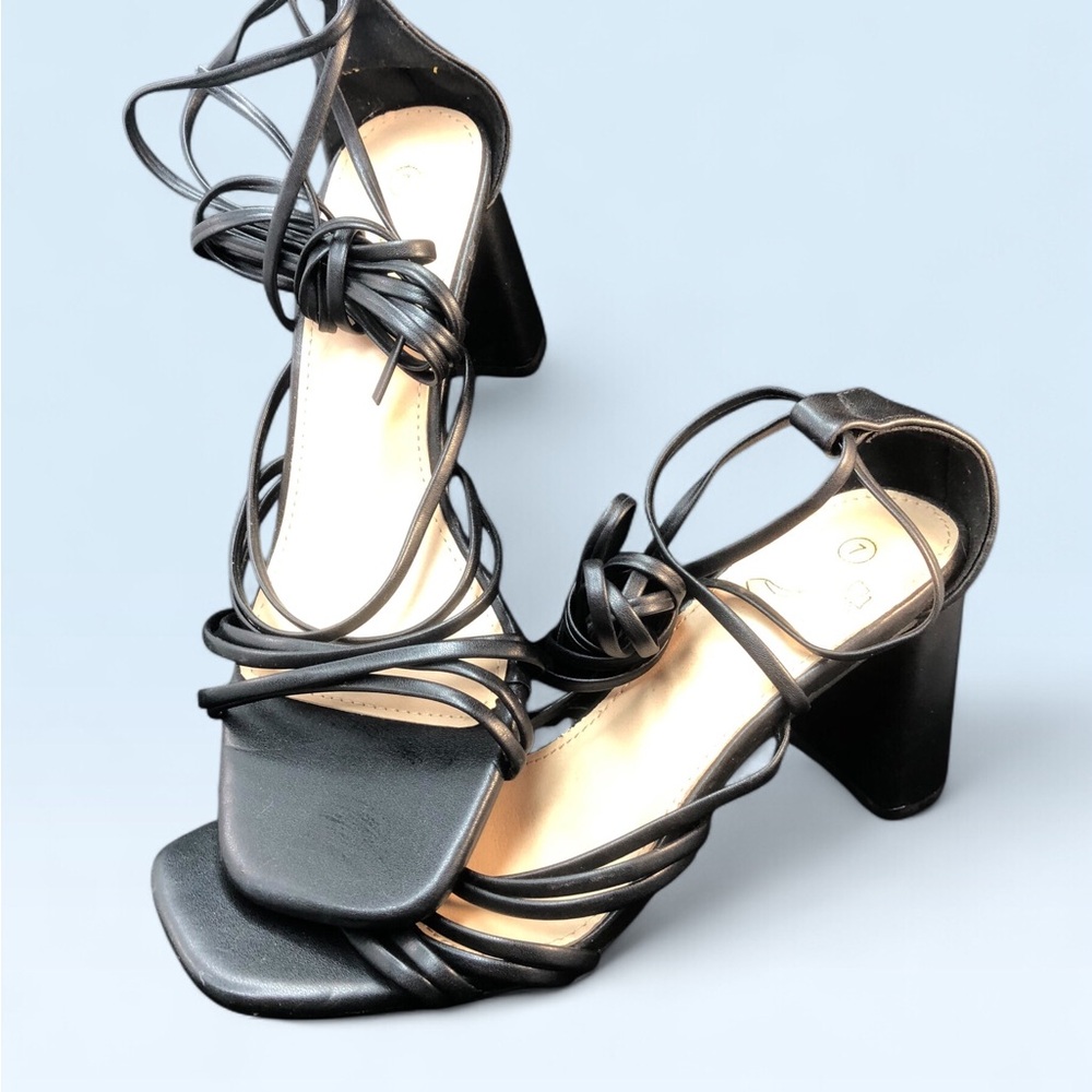 Strappy Black Block Heel Sandals - Women's Lace-Up Heels